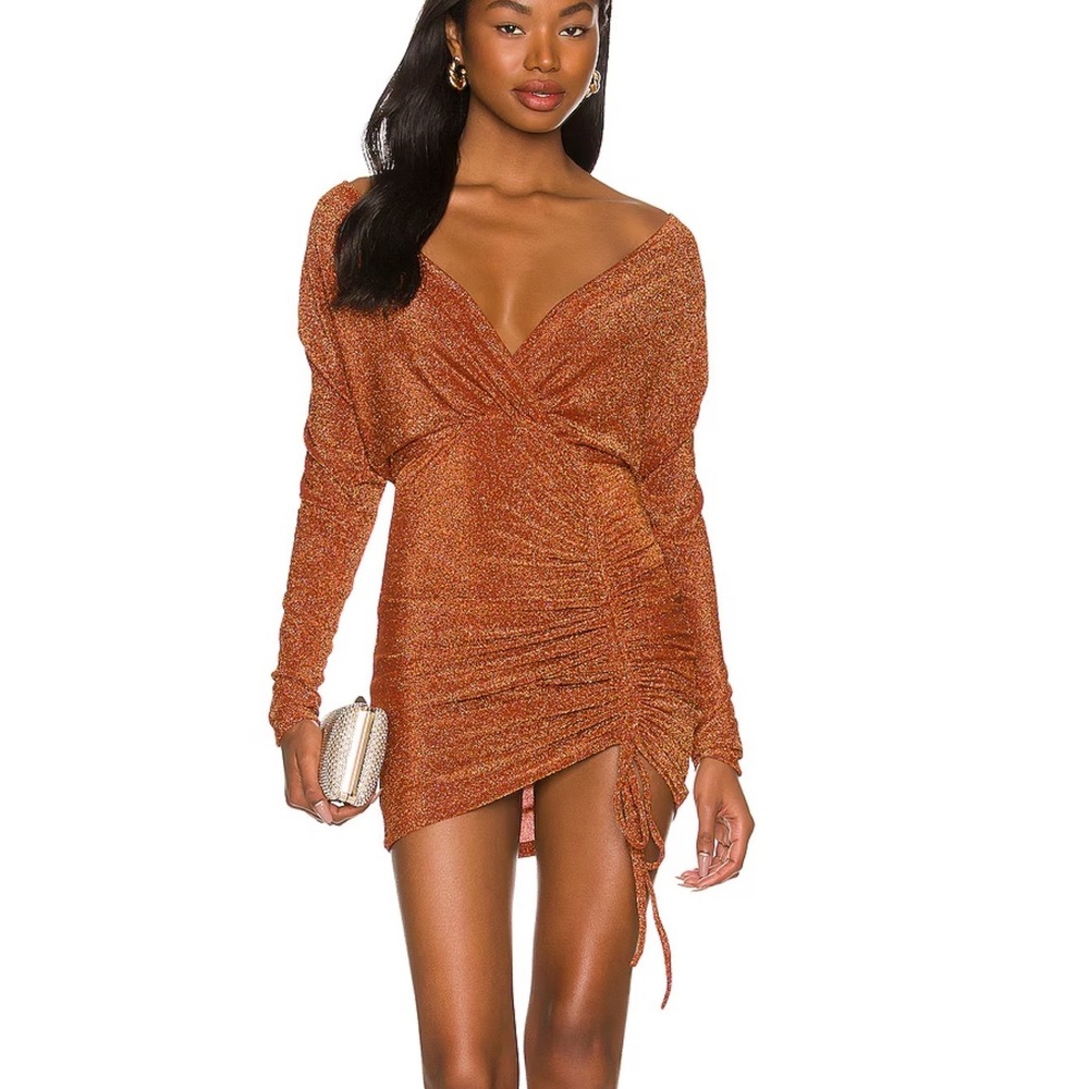 superdown Women Copper Metallic Ruched V-Neck Long Sleeve Mini Dress XS Glitter